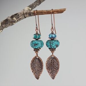 HAND CRAFTED Artisan Turquoise Floral Bead Copper Leaf Dangle Earrings